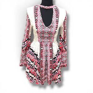 Free People Size XS Tegan Ivory Combo Printed Mini Dress Boho